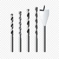 Set of realistic steel Drill Bits. Vector illustration on transparent background