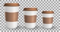 Set of realistic, to go and takeaway paper coffee cups in different sizes.