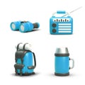 Set of realistic tourist objects in blue color. Binoculars, radio receiver, packed backpack, thermos