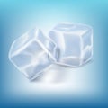 Set of realistic translucent ice cubes in blue color isolated on blue background. Cold frozen fresh water in square shape. Crystal