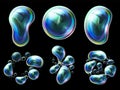 Set of realistic transparent colorful soap bubbles in the deformation. Water spheres with air, soapy balloons, lather Royalty Free Stock Photo