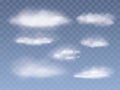 Set of Realistic And Transparent Different Clouds. Transparent Blue Sky Background. Vector fog Illustration. Royalty Free Stock Photo