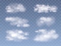 Set of Realistic And Transparent Different Clouds. Transparent Blue Sky Background. Vector fog Illustration. Royalty Free Stock Photo