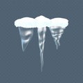 Set realistic transparent winter snow icicles, snowballs. Christmas snowflakes, snowdrifts.