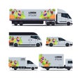 Set realistic van truck trailer with organic vegetables natural vegan farm food delivery service different vehicles with Royalty Free Stock Photo