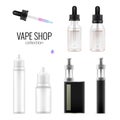 Set of realistic vape bottles and e-cigarette.