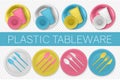 Set of realistic varicolored plastic dishes. Disposable tableware Royalty Free Stock Photo