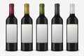 Set 5 realistic vector black bottles of wine without labels isolated on transparent background. Design template in EPS10 Royalty Free Stock Photo