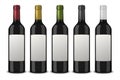 Set 5 realistic vector black bottles of wine without labels isolated on white background. Design template in EPS10. Royalty Free Stock Photo