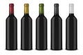 Set 5 realistic vector black bottles of wine without labels isolated on white background. Design template in EPS10. Royalty Free Stock Photo