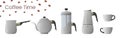 Set of realistic vector of coffee preparation. Cezve, coffee kettle, french press, moka pot and coffee cup for cafe