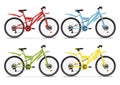 Set realistic vector colorful bicycles different colors. Red, blue, green and yellow metallic bike half-face with many multiple de