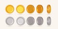 Set of realistic vector concept of golden and silver coins. Spinning gold, silver coins in many views rotate in different angles.