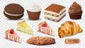 Set of realistic vector confectionery products isolated on transparent background. Illustration of cakes, cupcakes and