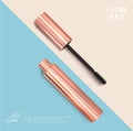 Set of realistic vector golden Mascara Bottles. Brush and mascara tube. Black wand and golden tube on rose-gold and Royalty Free Stock Photo