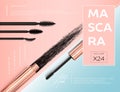 Set of realistic vector golden Mascara Bottles. Brush and mascara tube. Black wand and golden tube on rose-gold and Royalty Free Stock Photo