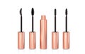 Set of realistic vector golden Mascara Bottles. Brush and mascara tube. Black wand and golden tube on white background.