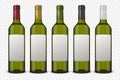 Set 5 realistic vector green bottles of wine with white labels isolated on transparent background. Design template Royalty Free Stock Photo