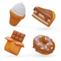 Set of realistic vector sweets. Dessert icons. Isolated image of yellow, brown color