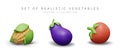 Set of realistic vegetables in 3D style. Corn on cob, eggplant, tomato