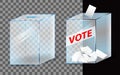 Set of realistic vote box or glass ballot box transparent or realistic voting paper inserted to vote box concept.