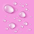 Set of realistic water drops on pink background.