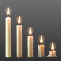 set of realistic white burning candles isolated on a transparent background. Royalty Free Stock Photo