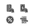 Receive money, Discount and Payment card icons. Cashback card sign. Cash payment, Special offer.