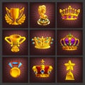 Set of receiving the cartoon golden trophies, medals, award and achievements game screen.