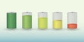 A set of recharge battery icons with different charge levels with colors