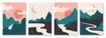 A set of rectangular abstract landscapes. Sun, Moon, mountains, clouds, rivers, plants. Asian design. Japanese motives Royalty Free Stock Photo