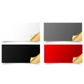 Set of rectangular banner templates in white, gray, black, and red with curled golden corners Vector Royalty Free Stock Photo