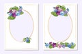 Set of rectangular postcard templates with oval frames decorated with bouquets of violet flowers.