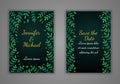 Set of rectangular wedding invitation cards. Green leaves border on a dark background. Vector