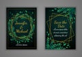 Set of rectangular wedding invitation cards. Green leaves and golden frame.