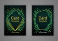 Set of rectangular wedding invitation cards. Green leaves and golden frame on a dark background. Vector