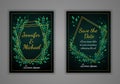 Set of rectangular wedding invitation cards. Green leaves and golden frame on a dark background. Vector