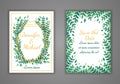 Set of rectangular wedding invitation cards. Green leaves and golden frame on a white background. Vector