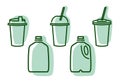 Set of recyclable drink items in green color. Outline pictograms signs symbols of beverage packaging. Milk gallon, coffee cup with
