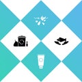 Set Recycle bin with recycle, Cream cosmetic tube, Problem of pollution planet and Fish care icon. Vector