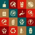 Set Recycle bin with recycle symbol and can, light bulb lightning, Earth globe plant, Planet earth recycling, Plastic Royalty Free Stock Photo
