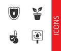 Set Recycle clean aqua, Shield with leaf, Thermometer and Plant in pot icon. Vector