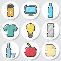 Set of recycle icons. Battery, e waste, plastic, textile, lightbulb, metal, glass, organic, paper