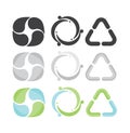 Set of 3 recycle icons. Gray, green and blue colors.