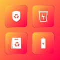 Set Recycle inside shield, Lightning with trash can, Shopping bag recycle and Battery icon. Vector