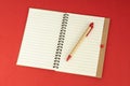 Set of recycle paper notebook and pen. Open diary notebook on red background Royalty Free Stock Photo
