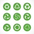 Set of recycle symbols and icons om round stickers stock vector