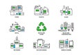 Set of recycling icons in line design. Recycle vector flat illustrations. Waste paper, metal, plastic, glass, bulbs, e