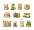 Set recycling paper bags. Cardboard for carrying with eco friendly logo. Disposable package with handle for purchase or delivery.