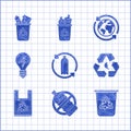 Set Recycling plastic bottle, No, Recycle bin with recycle symbol, and leaf, Plastic bag, Light bulb lightning, Planet Royalty Free Stock Photo